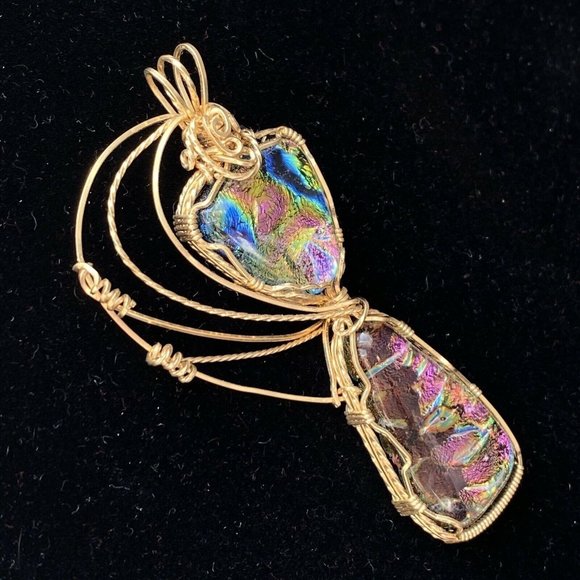 Wrapped Dichroic Glass Cabochons Pendant Purple Blue Green Gold Filled Wire 3” - Picture 4 of 10